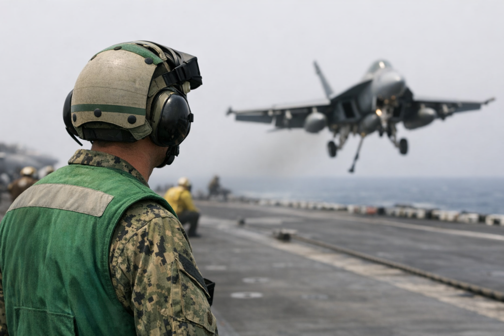 A U.S. Sailor observes flight operations during Operation Epic Fury